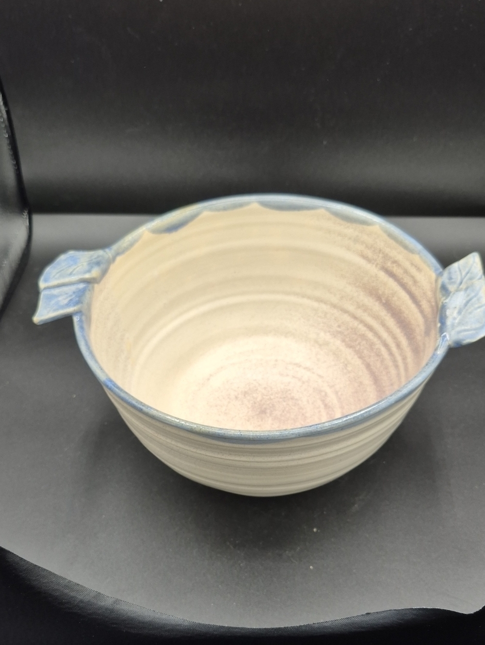 Handmade Pottery Bowl with Blue Rim And Leaves
